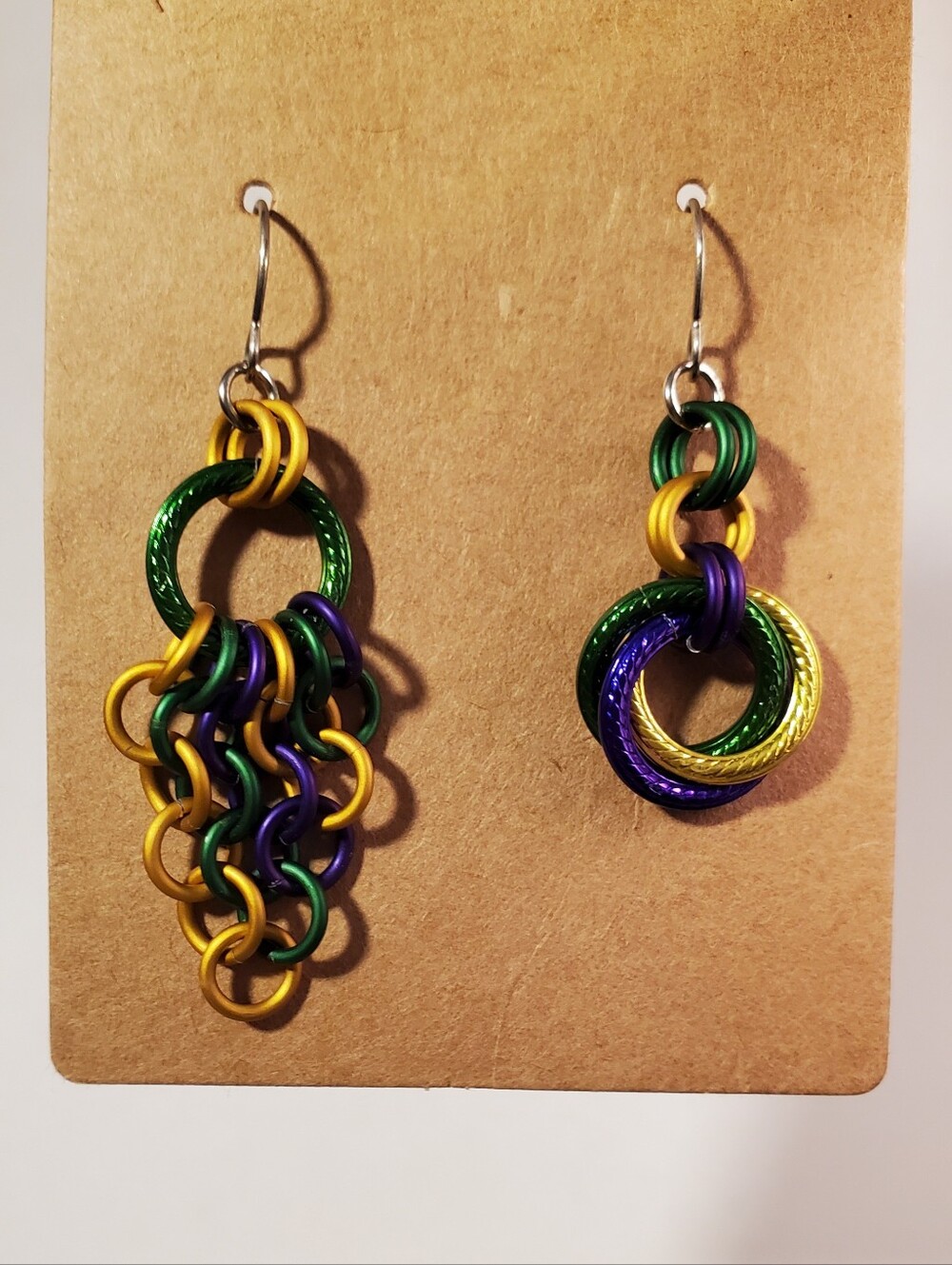 Handcrafted Asymmetrical Mardi Gras Earrings Purple Green And Gold